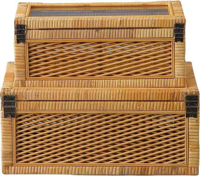 SOFE Rectangular Rattan Storage Box with Lid, Boho Display Box Set of 2, Stackable Decorative Boxes for Home Decor, Multipurpose Shelf Organizer, Natural Color Design, Living Room, Study, Bedroom
