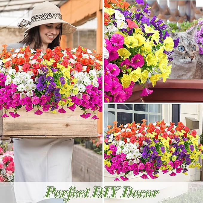Waipfaru 24 Bundles Artificial Flowers for Outdoors Faux Plants Outdoor, UV Resistant Artificial Plants Outdoor, Silk Petunias Fake Flowers for Outside Home Decor Planter Porch Decoration, Mix Color