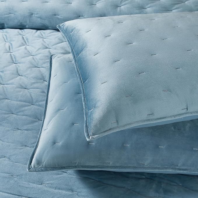 Lush Decor - Quilt Set, 3-Piece Cozy Velvet Bedding with Matching Shams, Embroidered Stitch Design (Haven Blue, King/California King)
