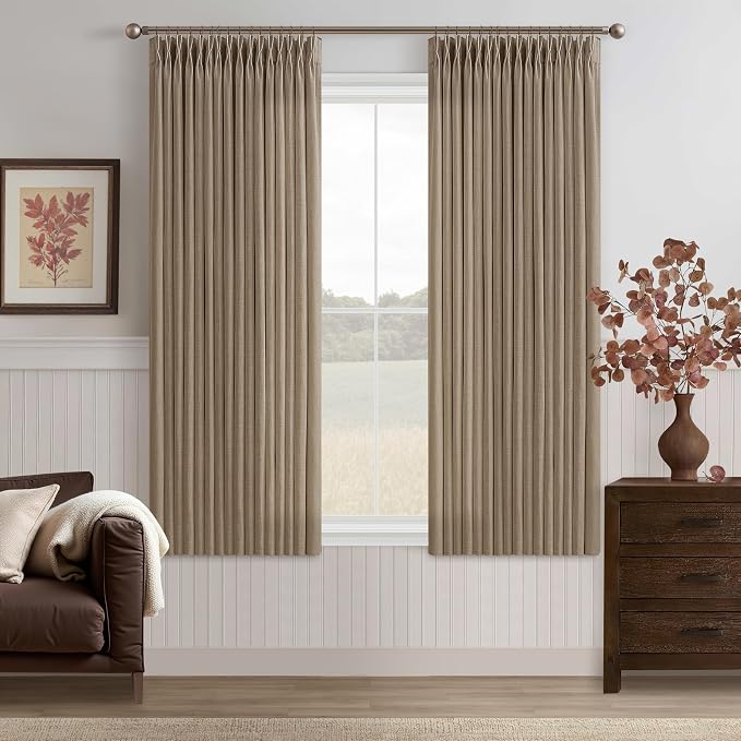 Latte Memory Trained Linen Blend Curtains 63 Inch Length Light Taupe Country Semi Sheer Privacy Pleated Drapes with Track Syetem 50 Inch Wide Back Tab Burlap Curtain 2 Panels for Dining Room Bedroom