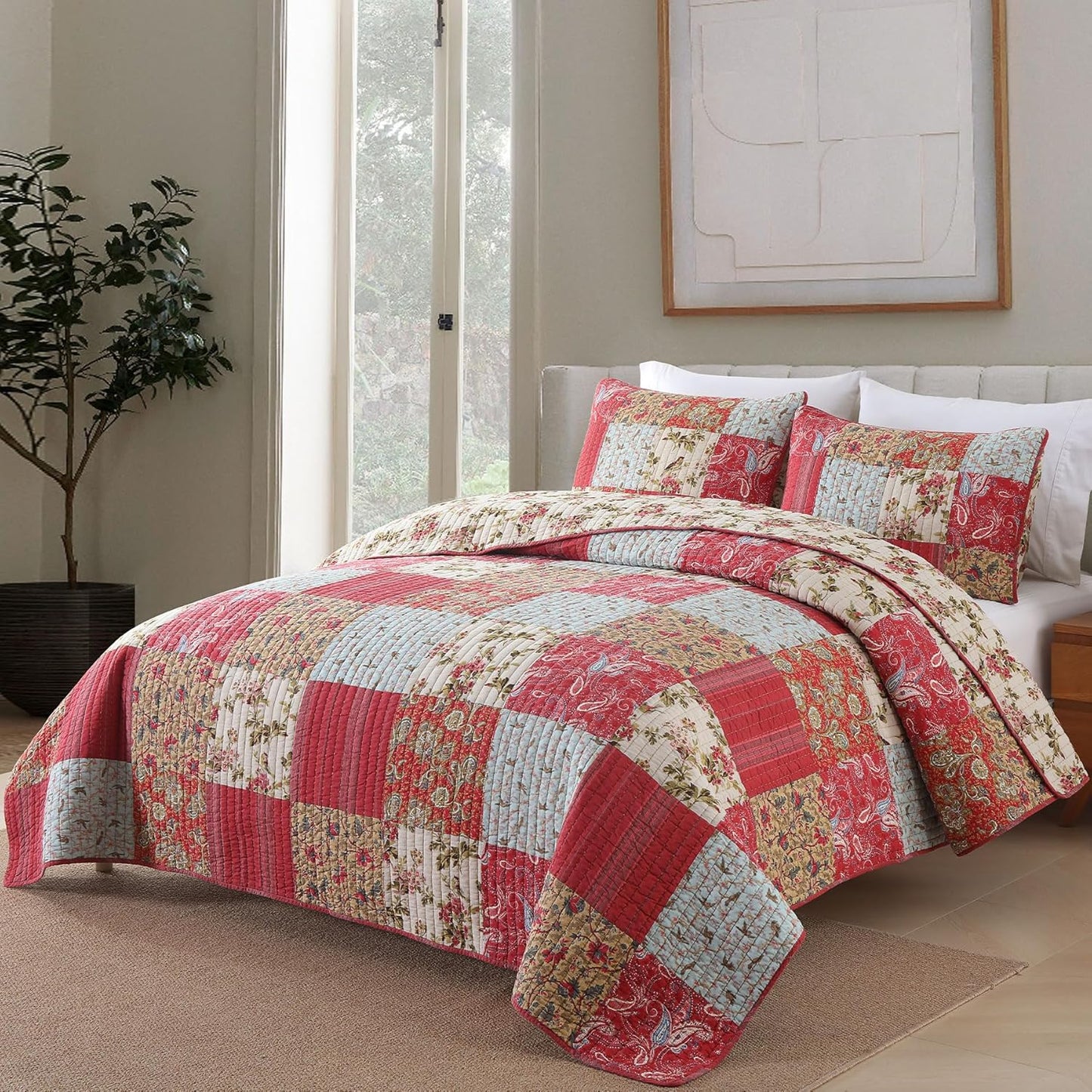 Secgo King Size Comforter Set- 100% Cotton Quilt King Size Set, Green, Sage bedspreads (96 * 108 Inch) with 2 Pillow Shams, Patchwork Reversible Lightweight Bedding