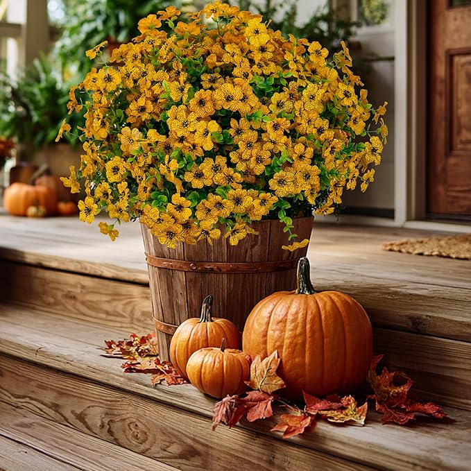 AXYLEX Artificial Fall Flowers for Outdoors Fake Mums - 16 Bundles Faux Plants Outside Greenery Boxwood No Fade Plastic Shrubs Decor Farmhouse Home Garden Thanksgiving (Yellow)