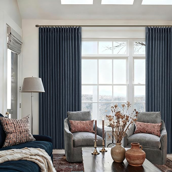Navy Blue Linen Curtains 105 Inches Long for Living Room Pinch Pleated Drape with Hooks Rings for Track System Light Filtering Indigo 105 Inch Curtain for Bedroom Sliding Patio Door 2 Panels 50x105