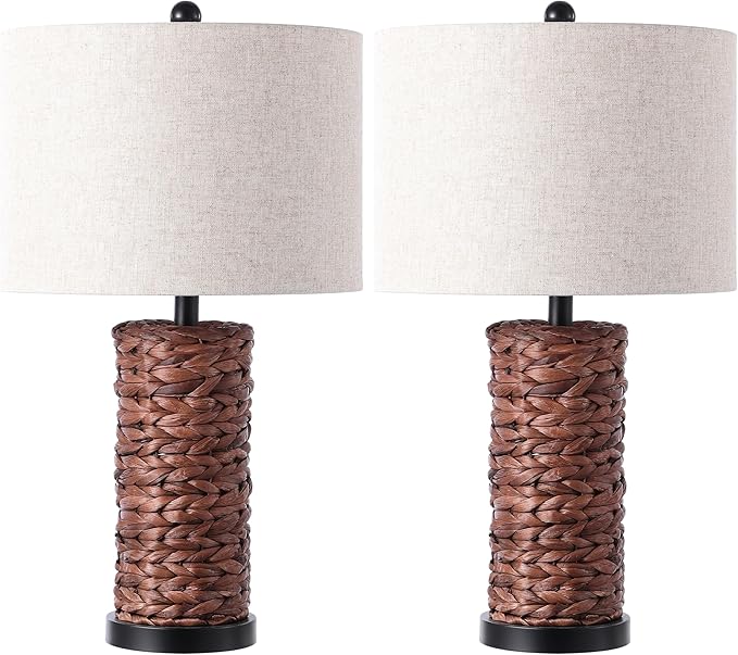 JONATHAN Y 25" Dark Brown Coastal Water Hyacinth Table Lamp Set of 2, Bedside Lamp with Light Grey Linen Shade, Boho Farmhouse Decor for Living Room Nightstand, LED Bulbs (JYL6502B-SET2)