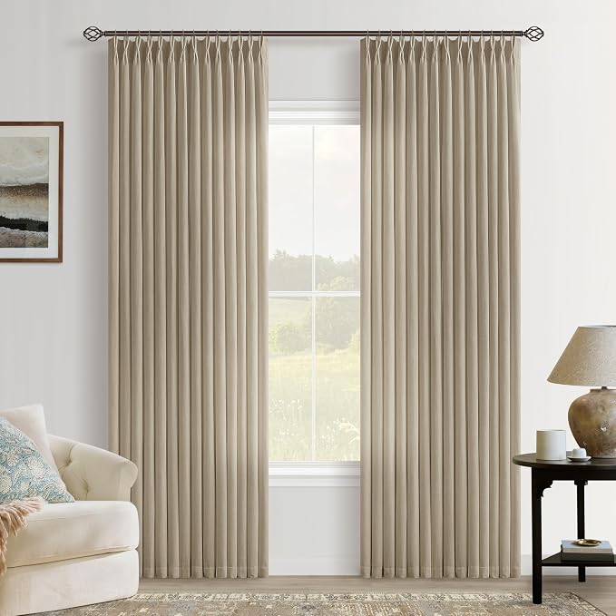 Tan Beige Pinch Pleated Linen Curtains 86 Inch Length 2 Panels for Living Room Bedroom Light Filtering Burlap Semi Sheer Window Curtain Boho Farmhouse Back Tab Pinch Pleat 86 Inch Drape Khaki Camel