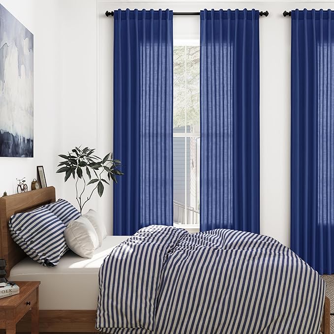 Nanspring Classic Blue Linen Curtains Semi Sheer 96 Inches Long 2 Panels Set for Living Room Back Tab Rod Pocket Light Filtering Drape for Bedroom Modern Farmhouse Coastal Decor Protect Privacy 52x96