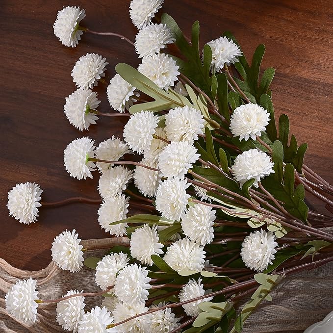Waipfaru 10pcs Fake Silk Pompon Mum Artificial Flowers, Bulk Faux Mini Chrysanthemums, for Centerpieces Wedding Fillers Champagne Arrangements Shower Decorations, White