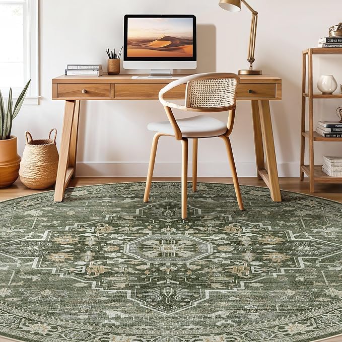 Round Rug Living Room Rugs: 10x10 Washable Boho Neutral Large Circle Soft Indoor Floral Stain Resistant Floor Farmhouse Carpet for Bedroom Nursery Kids Playroom Office Dining Room- Dark Green