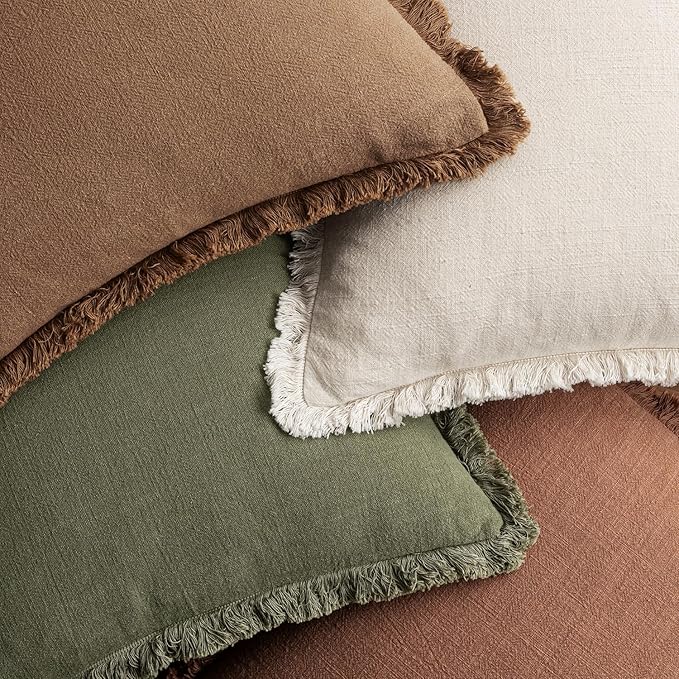 MIULEE Decorative Couch Pillow Covers Neutral Linen Fringe Throw Pillows Set of 4 Soft Rustic Cushions Boho Farmhouse Pillowcases for Bed Sofa Living Room Spring Decor 18x18 Inch Beige/Brown/Green