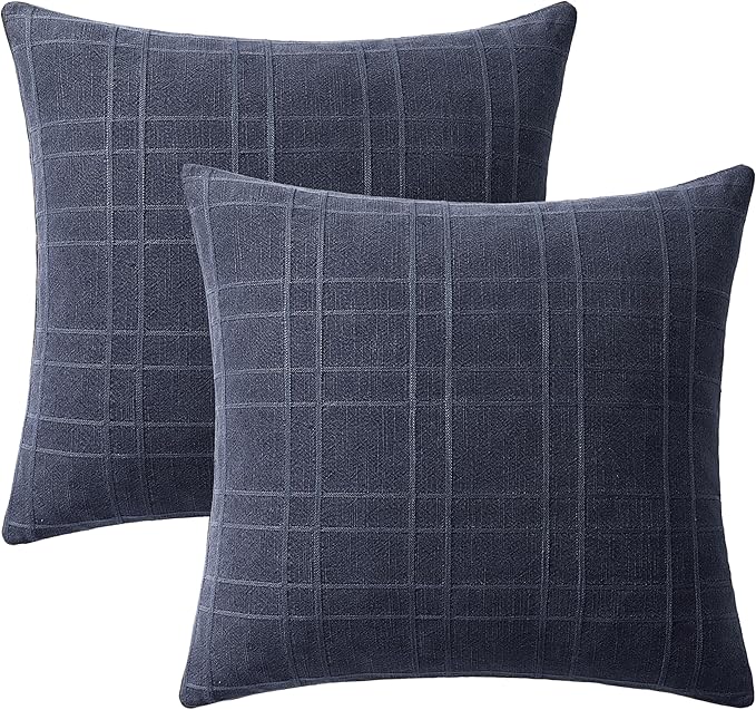 MIULEE Decorative Linen Check Throw Pillow Covers Neutral Farmhouse Vintage Pillow Covers 18x18 Set of 2 Boho Modern Home Decor for Sofa Couch Bedroom Cushion Navy Blue