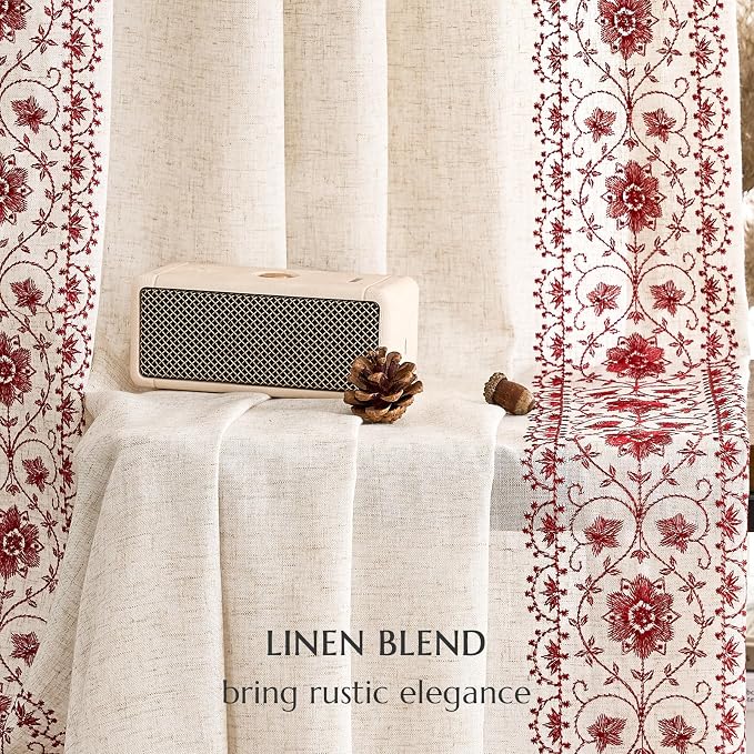 jinchan Boho Curtains for Bedroom Red Vintage Floral Farmhouse Curtains 63 Inch Linen Blend Drapes for Living Room Embroidered Light Filtering Drapes Rod Pocket Red on Beige 2 Panels