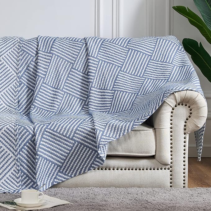 jinchan Boho 100% Cotton Blanket Muslin Twin Size 60x80 Inches Lightweight 3-Layer Geometric Square Striped Pattern Reversible Quilt Throw Soft Breathable Comfy All Seasons for Couch Bed Decor, Blue