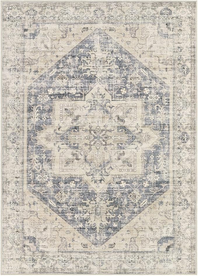 6x9 Area Rugs for Living Room - Large Carpet Ultra Thin Soft Washable Oriental Vintage Floral Distressed Big Indoor Carpets for Bedroom Nursery Dorm Home Decor Aesthetic - Blue Beige