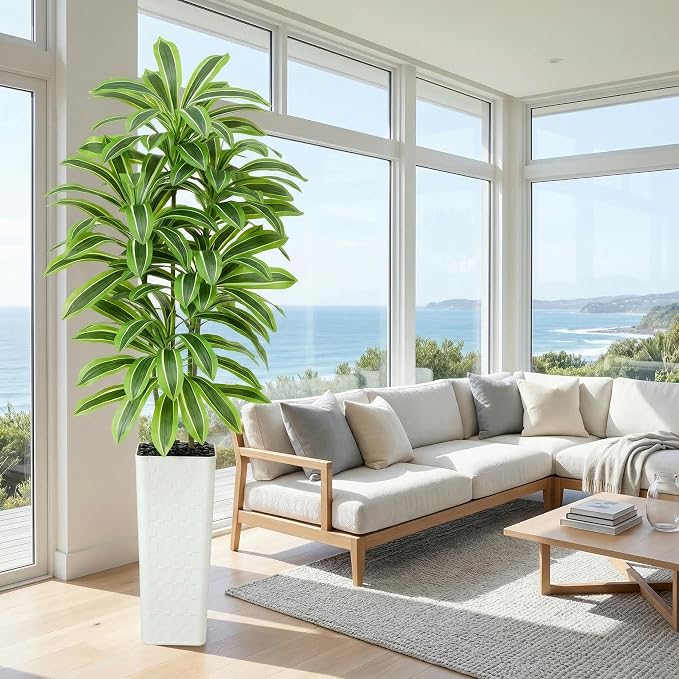 Artificial Dracaena Tree:7FT Faux Silk Tropical Yucca Floor Trees Realistic Fake Green Plant with Natural Wood Trunk & Lifelike Leaves for Home Office Decor Indoor & Outdoor (7FT,1-Pack,White)
