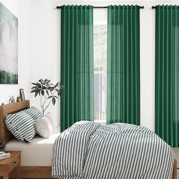 Extra Long Dark Green Linen Curtains 120 Inch for Living Room 2 Panels Set Rod Pocket Back Tab Linen Window Drapes Semi Sheer Light Filtering Privacy High Ceiling Drapes for Farmhouse 52x120