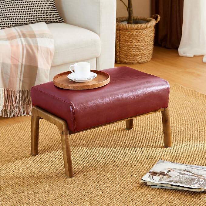 Glitzhome Foot Stool Ottoman, Modern Leatherette Sofa Stool Vanity Chair with Rubber Wood Frame, Footrest Ottoman Bench for Living Room, Entryway, Wine Red