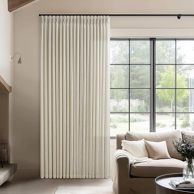 Flax Burlap 90 Inch Pinch Pleated Linen Curtains for Living Room Thick Linen Textured Drapes 90 Inches Long Pinch Pleat Drapes Semi Sheer Curtain for Dining Bedroom Office Beige Oatmeal W50xL90