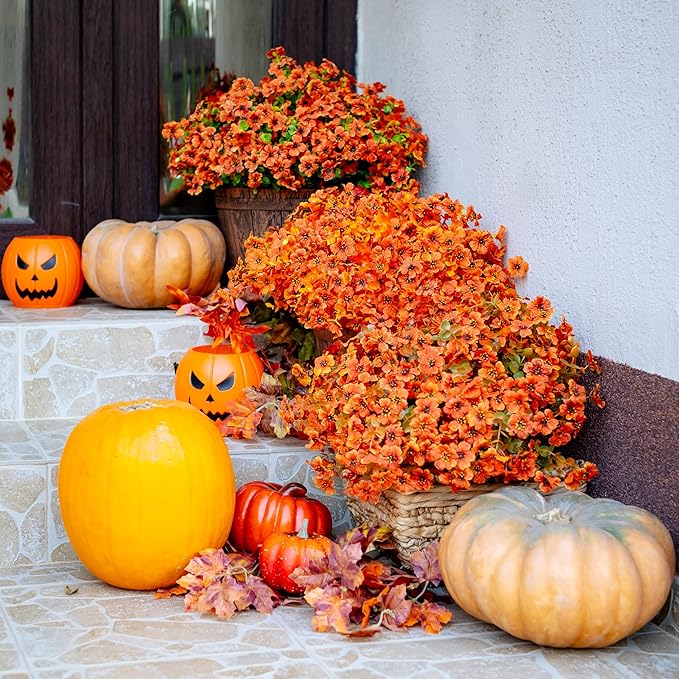 AXYLEX Artificial Fall Flowers Outdoor Fake Mums - 16 Bundles Fake Plants UV Resistant No Fade Faux Plastic Greenery Garden Porch Patio Fall Home Decor (Orangegreen)
