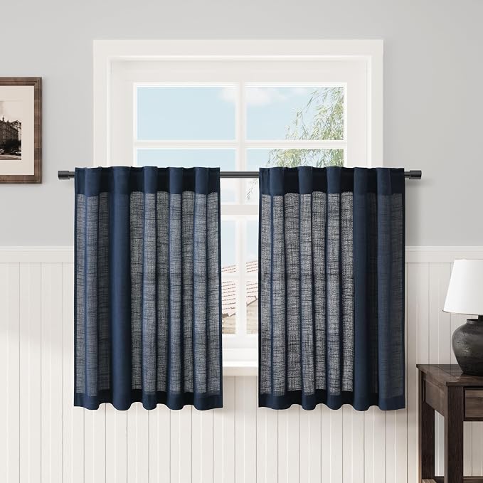 Navy Blue Kitchen Tier Curtains 24 Inch Length Linen Blend Privacy French Country Light Filtering Short Curtain with Rod Pocket Back Tab for Over Sink Window Boy Bathroom Laundry 2 Panels 30Wx24L
