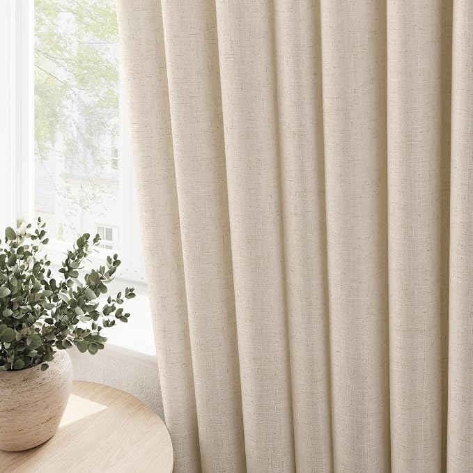 Birch Beige Linen Curtains 90 Inches Long for Living Room Light Filtering Semi Sheer Grommet Top Curtain Luxury Neutral Sheer Modern Farmhouse Privacy Drapes for Bedroom Dinner Room 52x90, 2 Panels