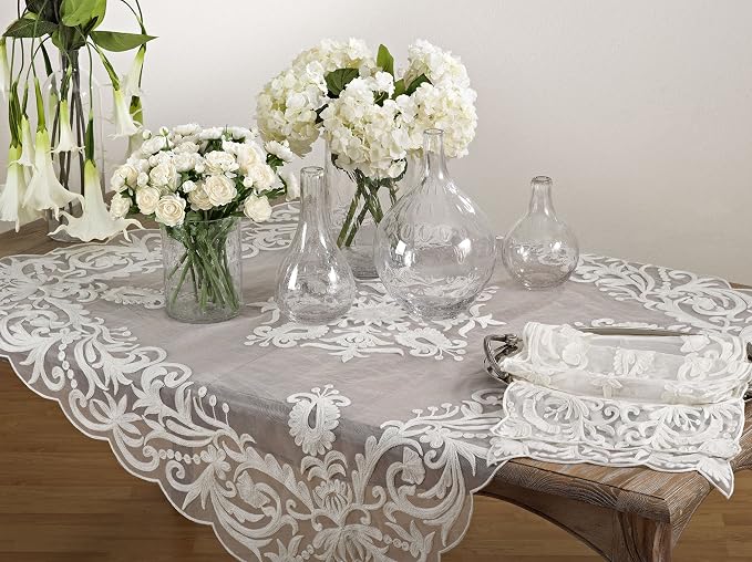 SARO LIFESTYLE AN01.I84S Embroidered Scalloped Sheer Tablecloth, 84", Ivory