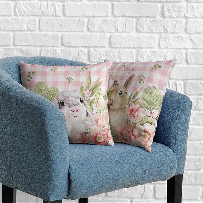 Easter Bunny Pillow Covers 20x20 Set of 2 Spring Floral Decorative Pillowcase Cute Rabbit Cotton Linen Cushion Case Pink Plaid Throw Pillow Covers for Sofa Patio Outdoor