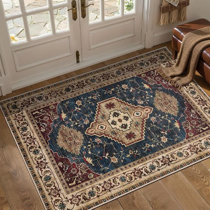 Tangsoo Oriental 2x3 Washable Rugs, Vintage Non Slip Small Area Rug, Indoor Front Door Rug for Entryway, Door Mat Indoor Entrance Soft Low Pile Throw Rugs for Entry Kitchen Bedroom Dark Blue Beige