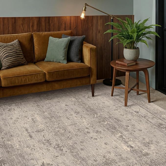 Greige 6x9 Washable Area Rug for Living Room, Distressed Granite-Inspired Geometric Rug for Dining Room & Bedroom, Soft Low Pile Non-Slip Carpet with Modern Organic Style