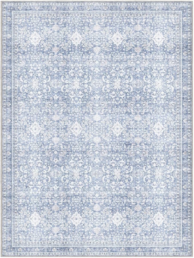 Sasttie 9x12 Area Rug, Ultra-Soft Washable Rug, Low Pile Foldable Thin Carpets with Non-Slip Backing, Skin-Friendly Stain Resistant Carpet for Living Room, Bedroom, Kitchen, Dorm, 9x12, Light Blue