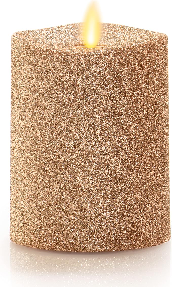 Luminara Realistic LED Moving Flame Pillar Candle, Gold Metallic Glitter, 3" x 4.5" Inch, Battery Operated w/Remote, Indoor Outdoor, Timer Function