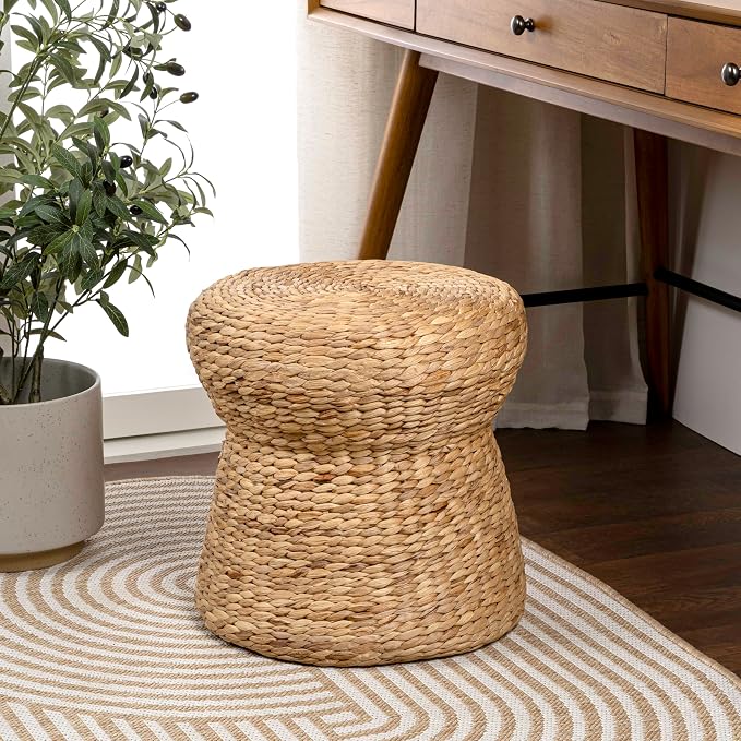 JONATHAN Y Alberto 15.7" Handwoven Water Hyacinth Pouf Stool, Hourglass Wicker Ottoman Footrest and Side Table for Living Room, Bohemian Natural Extra Seating TBL2502A