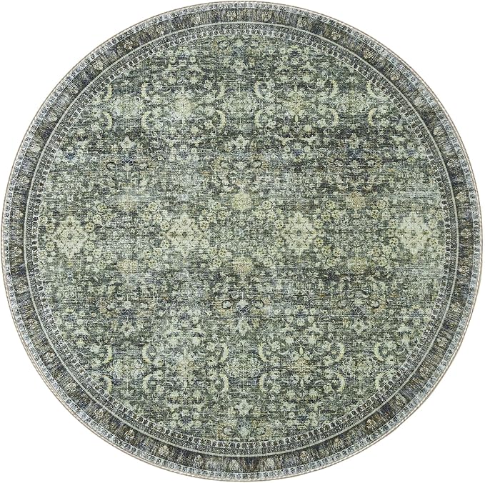 Sasttie Round Rug 4ft, Ultra-Soft Washable Circle Rug, Low Pile Foldable Thin Rugs with Non-Slip Backing, Skin-Friendly Stain Resistant Carpet for Living Room, Bedroom, Kitchen, Dorm, 4ft, Dark Green