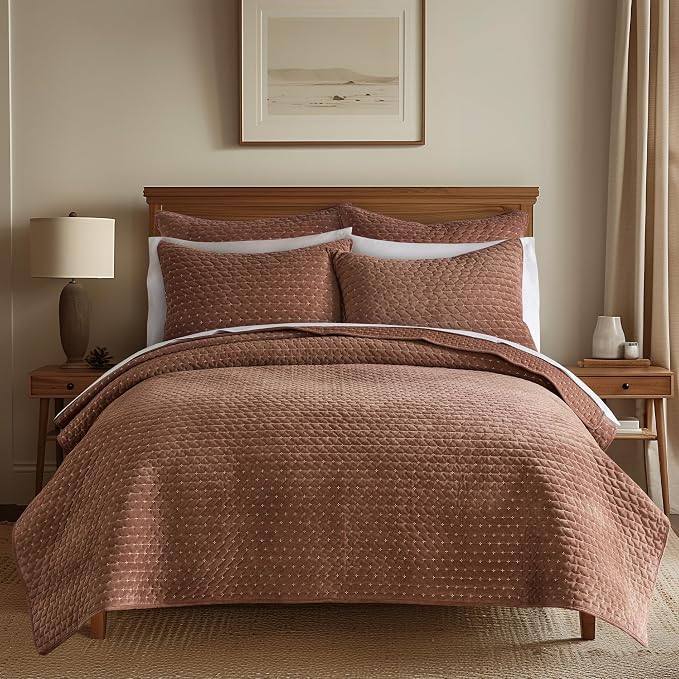 Levtex Home - Velvet Stitch - Euro Sham Set of 2 - Cross Stitch - Rust and White - (26x26in.), No Insert - Polyester