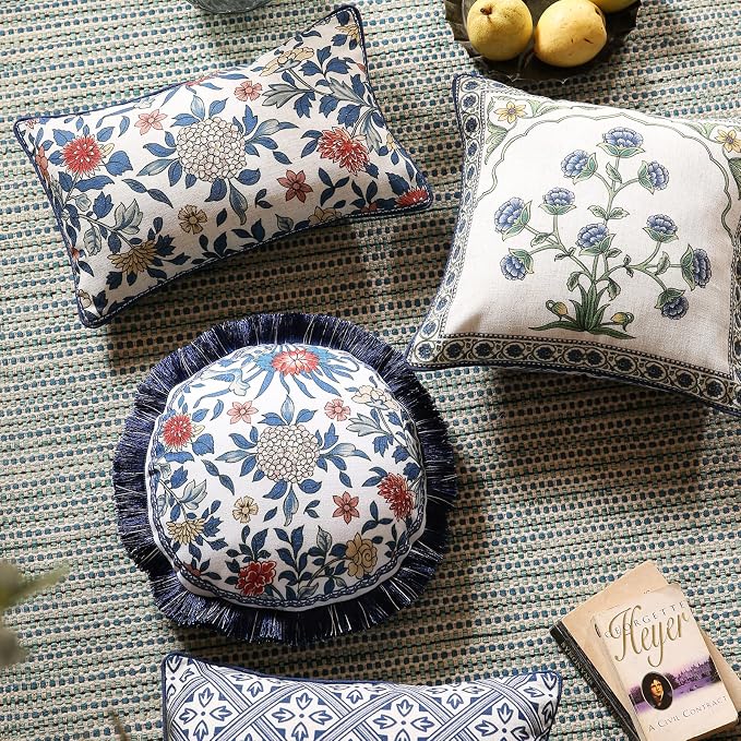 patdrea Vintage Linen Throw Pillow Cover,Diameter 16",Set of 2-Ivar A | French Decorative Pillow Case,Chinoiserie Blue Floral Print Pillow Cover for Couch Living Room Bedroom,Fringe Trim