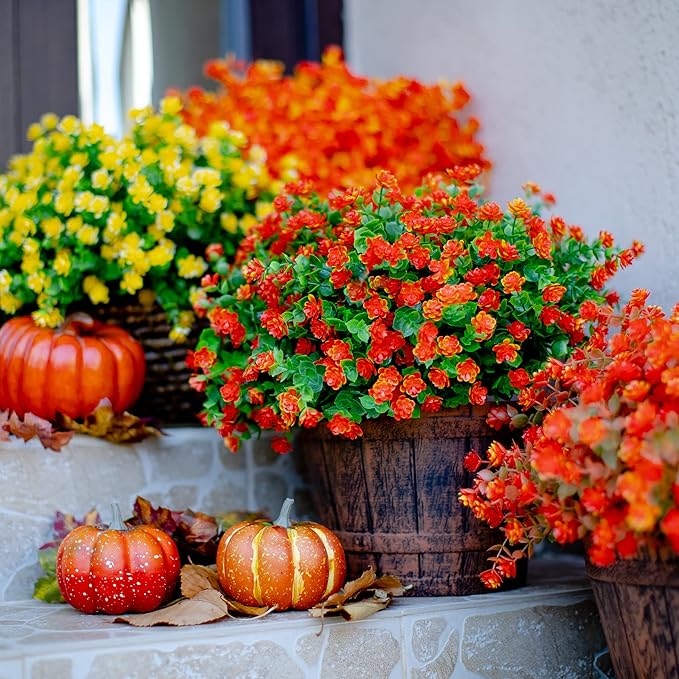 AXYLEX Artificial Fall Flowers Outdoor Fake Mums - 12 Bundles Fake Plants UV Resistant No Fade Faux Plastic Greenery Garden Porch Patio Fall Home Decor (Red Orange)