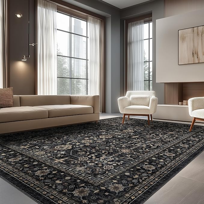 Ruaruarug Washable Area Rug 9x12 for Living Room, Bedroom, Ultra Soft Non Slip Stain & Fade Resistant, Pet & Kids Friendly, Suitable for High Traffic Areas Easy to Clean for Office Kitchen, Black Grey
