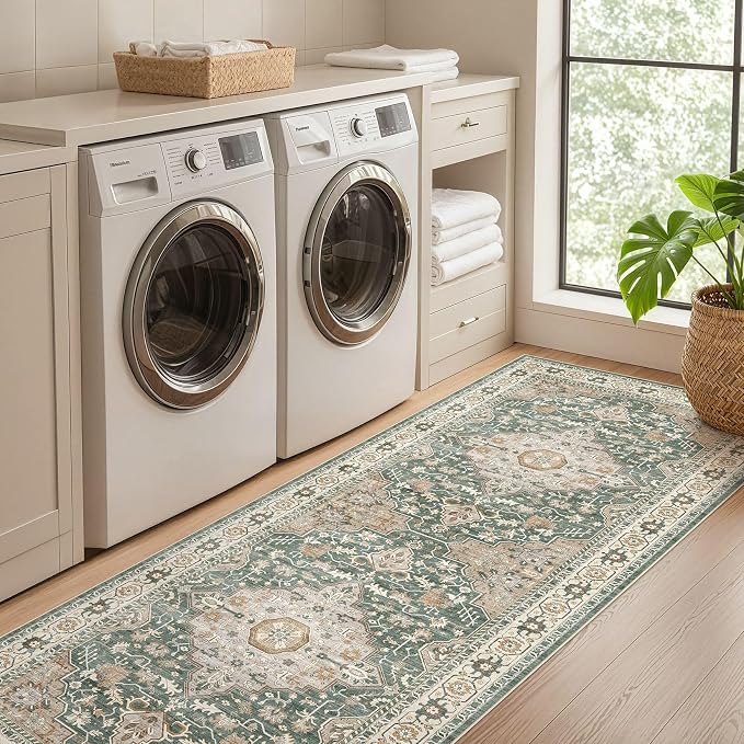 Runner Rug Kitchen Washable Rugs: 2x6 Non-Slip Abstract Soft Modern Stain Resistant Indoor Floor Neutral Accent Throw Carpet for Hallway Bathroom Laundry Room Entryway Bedroom- Green
