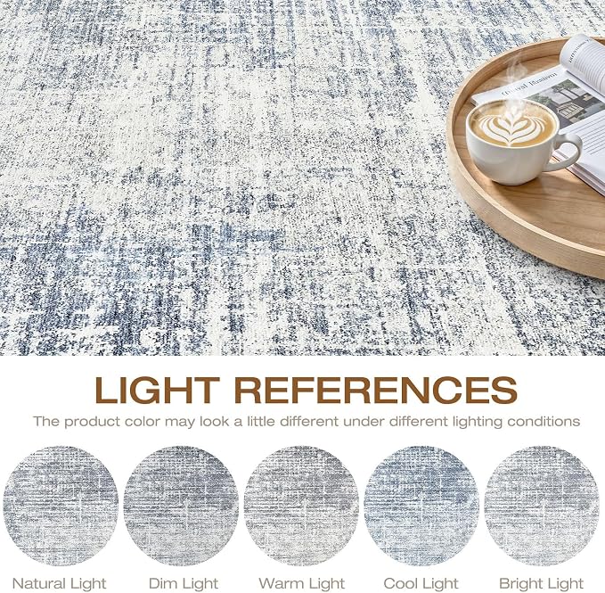 10ft Round Rug Living Room: 10x10 Washable Large Neutral Blue Circle Area Rug Abstract Soft Modern Stain Resistant Indoor Floor Non-Slip Carpet for Bedroom Nursery Kids Office Playroom Dining Room
