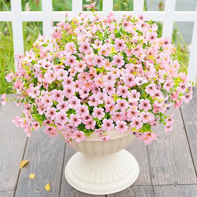 Artificial Fake Flowers Plants for Outdoors Spring Summer Decoration,Faux Flowers Plants Greenery UV Resistant Silk Daisy Realistic for Outside Planter Front Porch Patio Garden Home 16 Bundles(Pink)