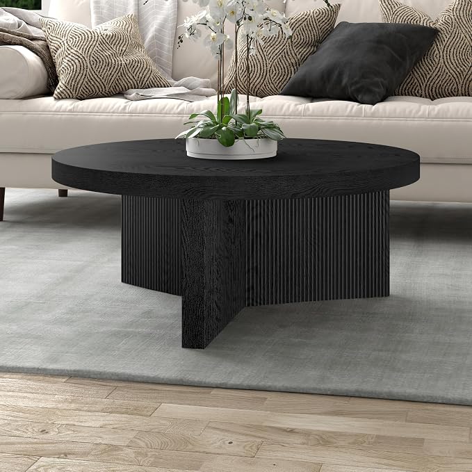 Henn&Hart 36" Fluted Round Low-Profile Coffee Table with Ribbed Pedestal Base for Living Room, Family Room, or Office, Natural Black