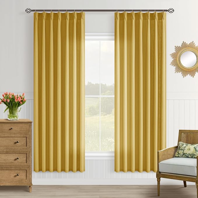 72 Inch Pinch Pleated Linen Curtains 2 Panels for Living Room Bedroom Boho Farmhouse Mustard Ochre Yellow Semi Sheer Back Tab Pinch Pleat Hooks Rings Spring Gold Yellow Window Curtain for Autumn Fall