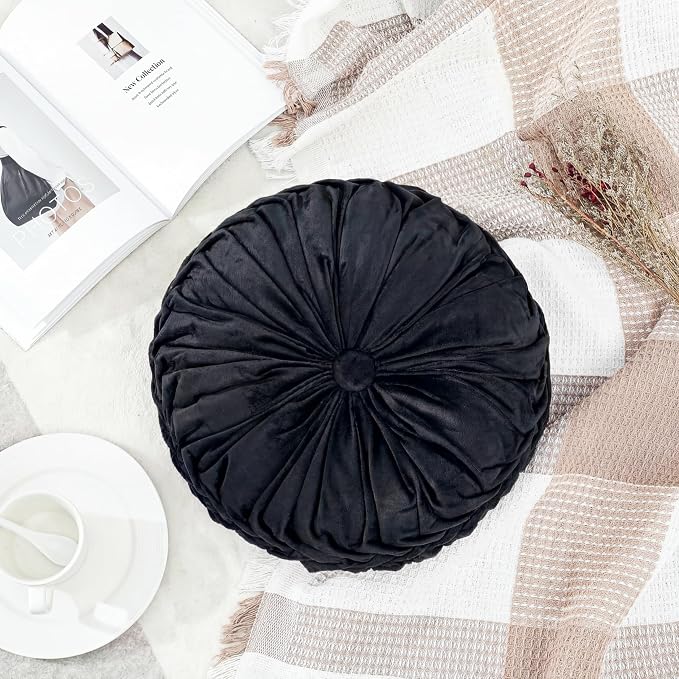 Drydiet 1 Pcs Round Throw Velvet Pillows Decorative Pleated Throw Pillows Diameter Accent Pumpkin Boho Chair Cushion for Couch Sofa Home Decoration (Black,15'')