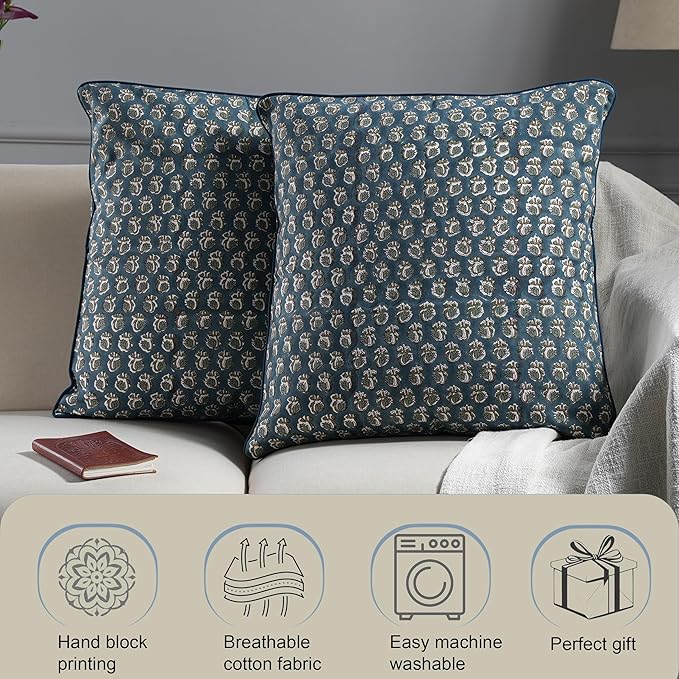 Ridhi Block Print Peacock Blue Pillow Cover 18" x 18" (Pack of 2) Decorative Couch Pillows for Living Room, Chic Boho Cute Outdoor Pillows Covers Gifts for Spring, Easter and Valentine