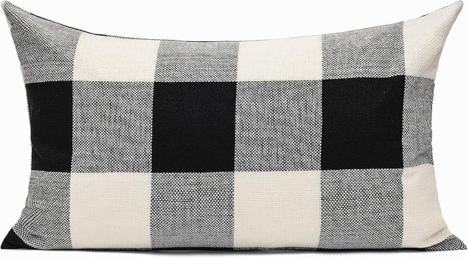 VAKADO 12x20 Set of 2 Black White Outdoor Throw Pillow Covers Buffalo Check Plaids Lumbar Farmhouse Retro Checkers Cotton Linen Cushion Cover Home Decor for Sofa Couch