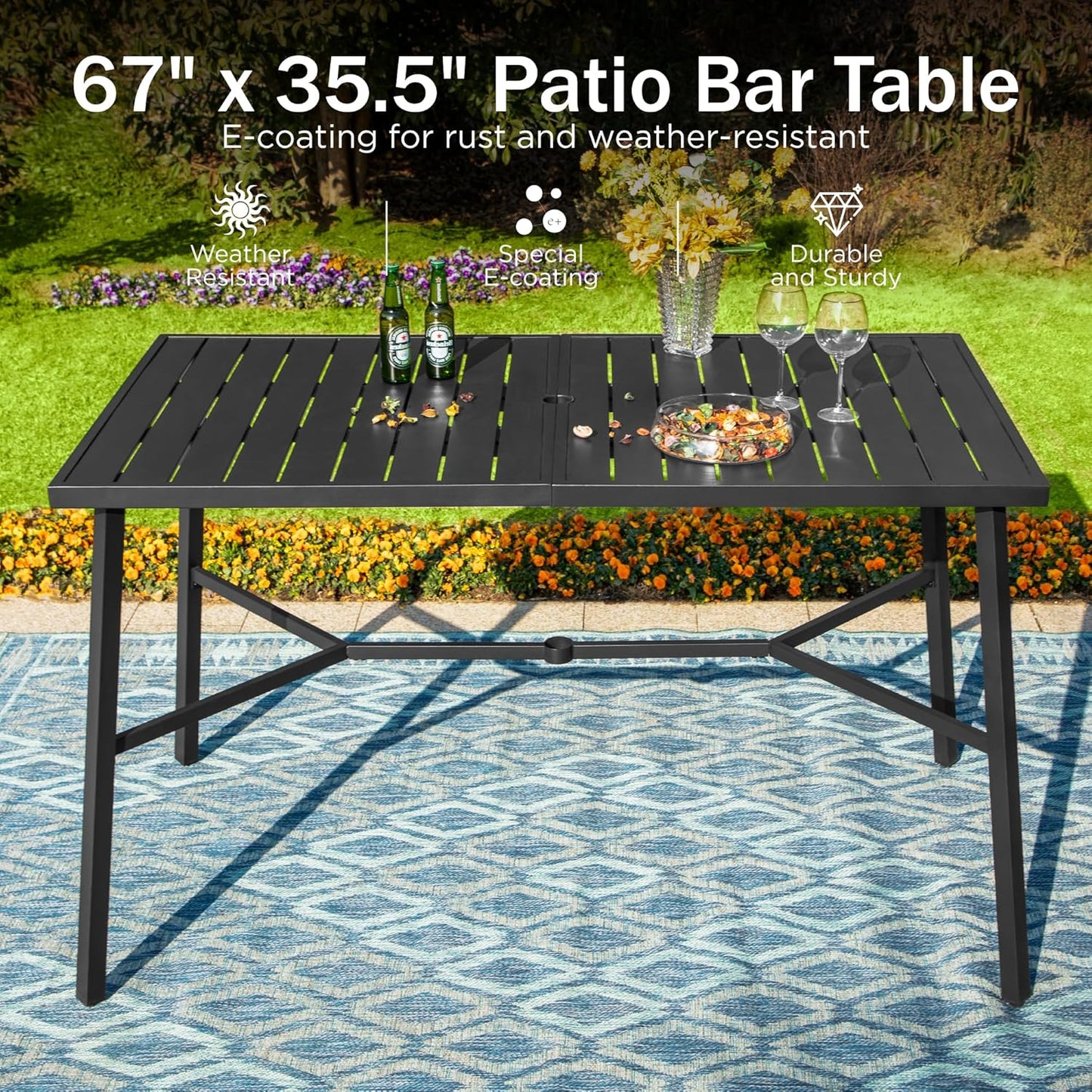 PHI VILLA Outdoor Patio Bar Dining Table for 6, 40" High Top Rectangle Metal Steel Table with 1.97" Umbrella Hole for Garden, Yard and Deck, Black