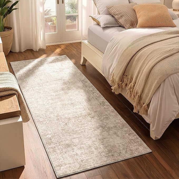Homemate Washable Rug 2x6 Area Rugs - Vintage Faux Wool Rugs for Living Room Bedroom Dining Room - Non Slip Foldable Carpet Indoor Area Rug for Home Decor(2'x6', Beige