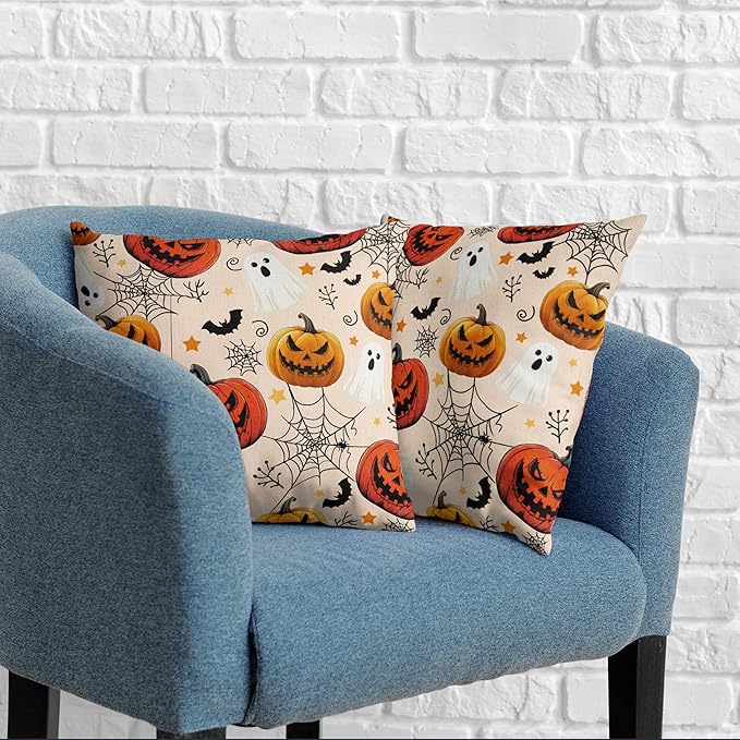 Halloween Pillow Covers 22x22 Set of 2 Jack-O-Lantern Bat Spider Web Ghost Throw Pillow Covers Horror Pumpkin Pillowcase Holiday Decor Cushion Case for Party Outdoor Sofa