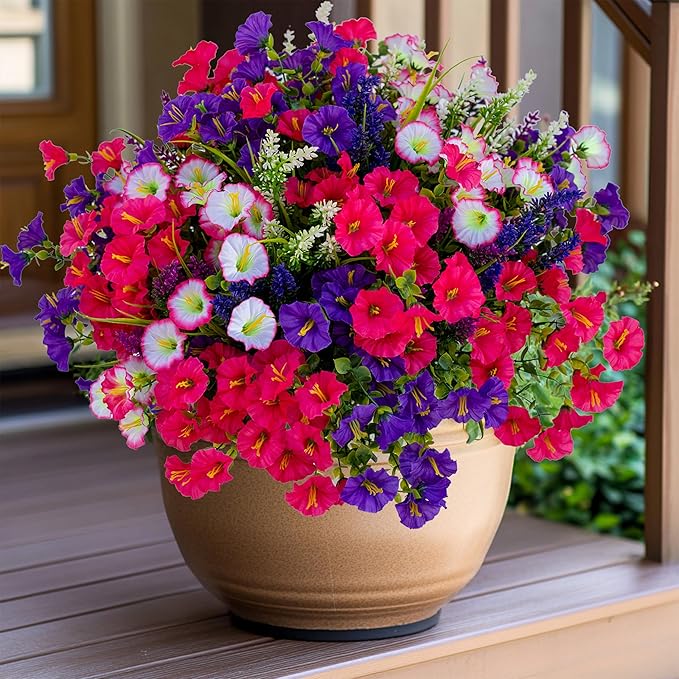 AXYLEX Artificial Flowers Outdoor Morning Glory - 16 Bundles Fake Plants UV Resistant No Fade Faux Plastic Greenery Home Garden Porch Decoration Indoor (1, Multi16-3)