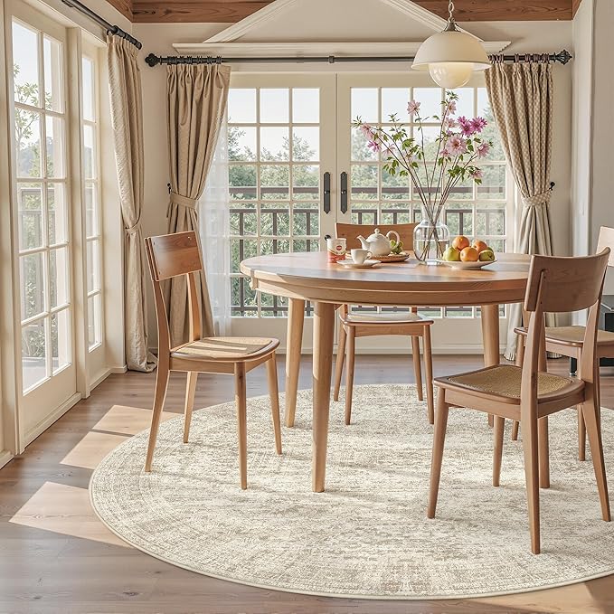 Soalmost 5x5 Beige Round Rug 5ft Living Room Circle Rug Vintage Round Area Rug Non Slip Indoor Carpet for Entryway Dining Room Bedroom