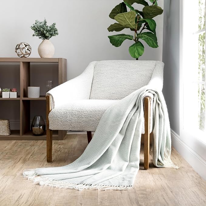 Linen Market Beddings Elevate Your Comfort with Herringbone Throw Blanket - Luxurious Woven Ultra Soft Acrylic - Sized 50" W x 60" L - Fringed Edges - Lightweight Layer for Bed or Sofa (Eucalyptus)